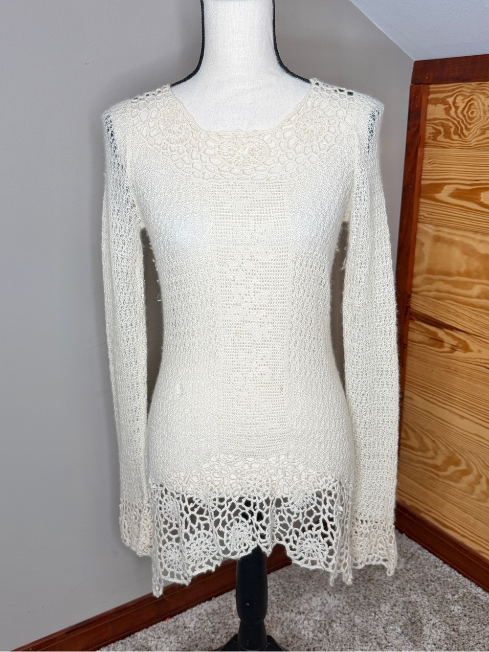 Vintage Peruvian Connection Crochet Lace Alpaca Tunic Sweater Top Cream Medium M
